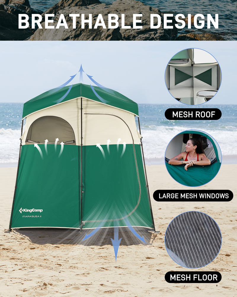Load image into Gallery viewer, KingCamp MARASUSA II Double Privacy Shelter with 20L Solar Shower Bag | 2-Room Camping Shower Tent, UPF50+ Sun Protection, Portable Outdoor Shower Kit for Camping, Beach & Festivals