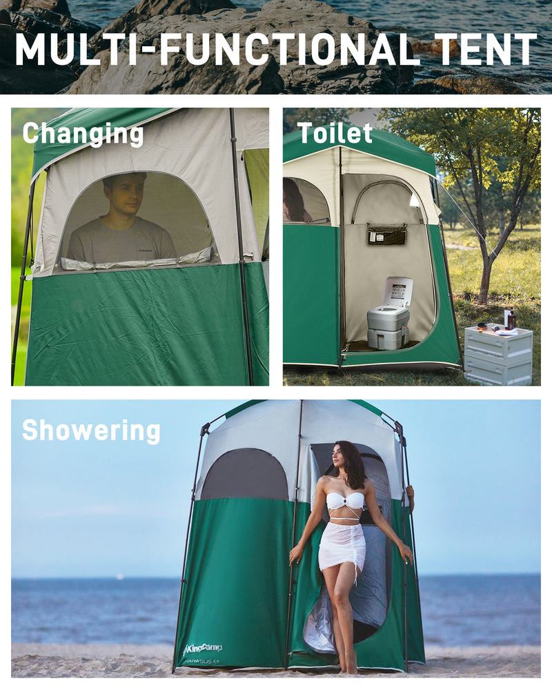 Load image into Gallery viewer, KingCamp MARASUSA II Double Privacy Shelter with 20L Solar Shower Bag | 2-Room Camping Shower Tent, UPF50+ Sun Protection, Portable Outdoor Shower Kit for Camping, Beach & Festivals
