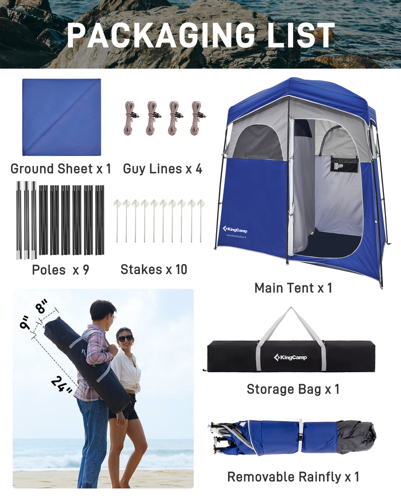 Load image into Gallery viewer, KingCamp MARASUSA II Double Privacy Shelter with 20L Solar Shower Bag | 2-Room Camping Shower Tent, UPF50+ Sun Protection, Portable Outdoor Shower Kit for Camping, Beach & Festivals