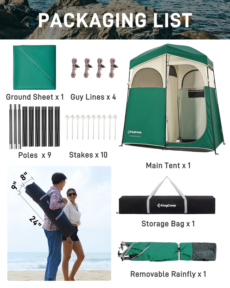 Load image into Gallery viewer, KingCamp MARASUSA II Double Privacy Shelter with 20L Solar Shower Bag | 2-Room Camping Shower Tent, UPF50+ Sun Protection, Portable Outdoor Shower Kit for Camping, Beach & Festivals