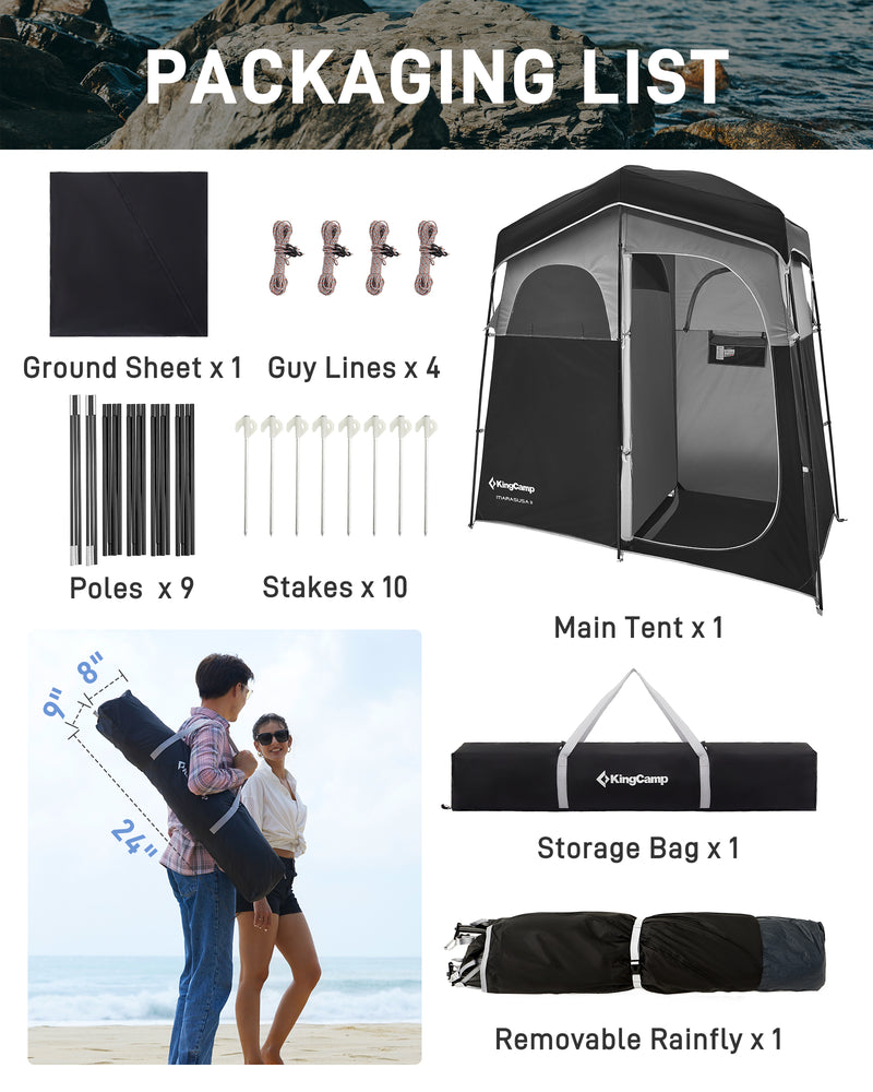 Load image into Gallery viewer, KingCamp MARASUSA II Double Privacy Shelter with 20L Solar Shower Bag | 2-Room Camping Shower Tent, UPF50+ Sun Protection, Portable Outdoor Shower Kit for Camping, Beach & Festivals