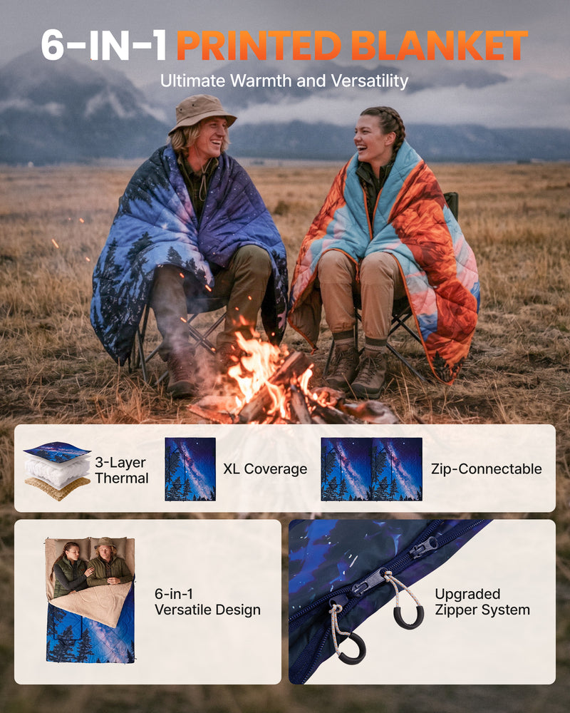 Load image into Gallery viewer, KingCamp MESA 50 4-in-1 Camping Blanket, Printed Sherpa Fleece Wearable Blanket, Zip-Up Sleeping Bag & Travel Pillow