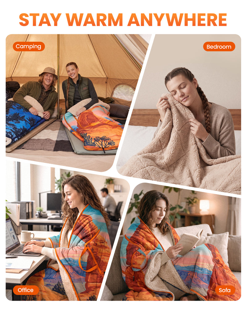Load image into Gallery viewer, KingCamp MESA 50 4-in-1 Camping Blanket, Printed Sherpa Fleece Wearable Blanket, Zip-Up Sleeping Bag & Travel Pillow