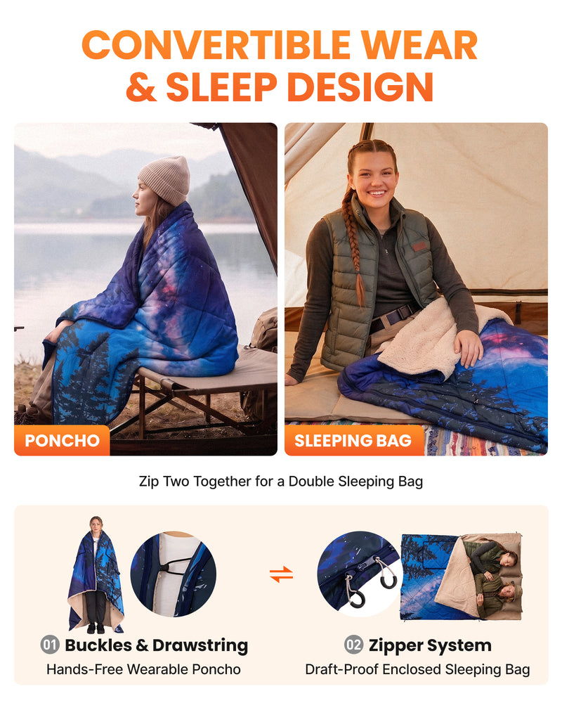 Load image into Gallery viewer, KingCamp MESA 50 4-in-1 Camping Blanket, Printed Sherpa Fleece Wearable Blanket, Zip-Up Sleeping Bag & Travel Pillow