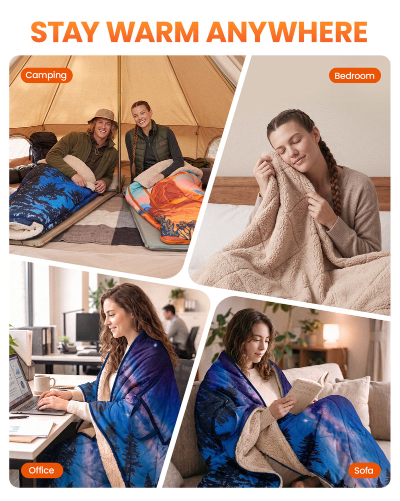 Load image into Gallery viewer, KingCamp MESA 50 4-in-1 Camping Blanket, Printed Sherpa Fleece Wearable Blanket, Zip-Up Sleeping Bag & Travel Pillow