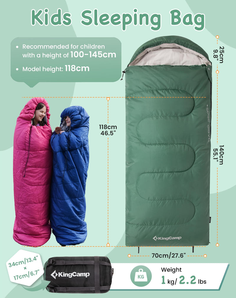 Load image into Gallery viewer, KingCamp Oasis 250S+ Kids Sleeping Bag | Hooded Envelope Bag with 100% Cotton Flannel Lining, 250g/m² Warm Insulation, Compression Sack for Camping, Sleepovers & Home Use Green