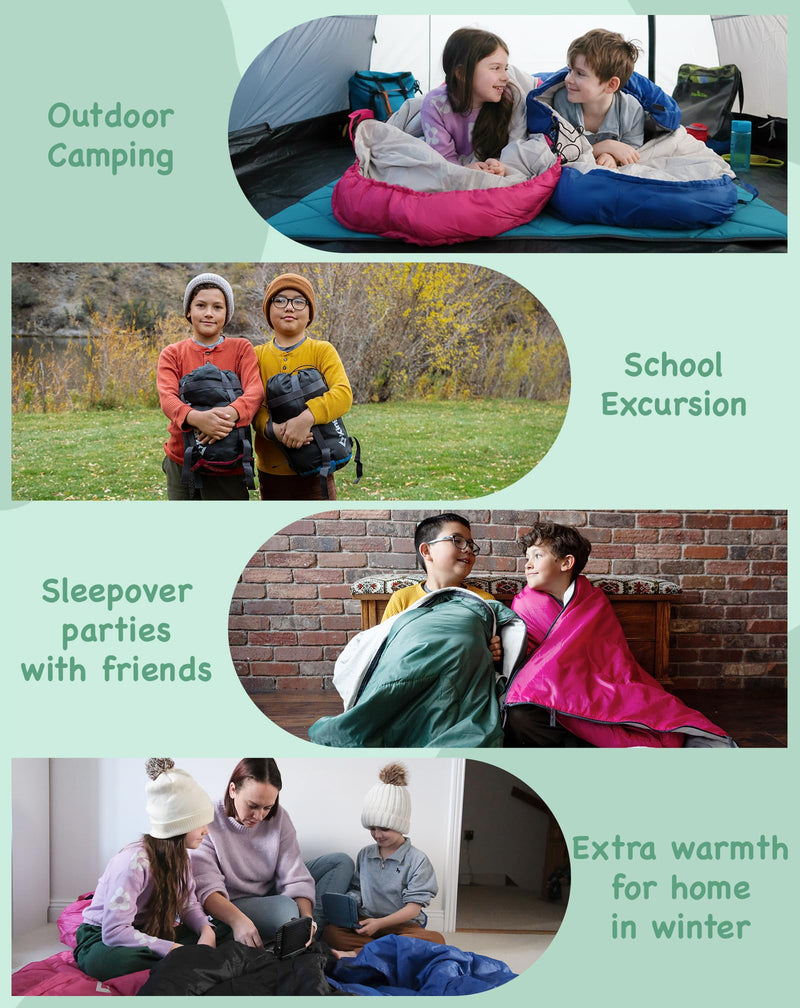 Load image into Gallery viewer, KingCamp Oasis 250S+ Kids Sleeping Bag | Hooded Envelope Bag with 100% Cotton Flannel Lining, 250g/m² Warm Insulation, Compression Sack for Camping, Sleepovers & Home Use Green