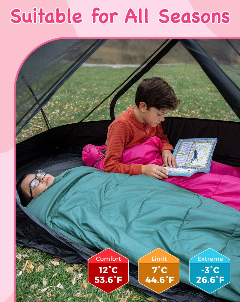 Load image into Gallery viewer, KingCamp Oasis 250S+ Kids Sleeping Bag | Hooded Envelope Bag with 100% Cotton Flannel Lining, 250g/m² Warm Insulation, Compression Sack for Camping, Sleepovers & Home Use