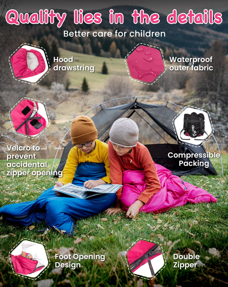 Load image into Gallery viewer, KingCamp Oasis 250S+ Kids Sleeping Bag, Hooded Youth Sleeping Bag for Camping, Soft Cotton Flannel Lining, 53.6°F Comfort, Compression Sack Included