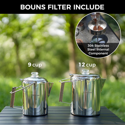 KingCamp Percolator Coffee Pot - 9 Cup & 12 Cup 304 Stainless Steel Campfire Coffee Maker for Outdoor Camping, RV & Backpacking