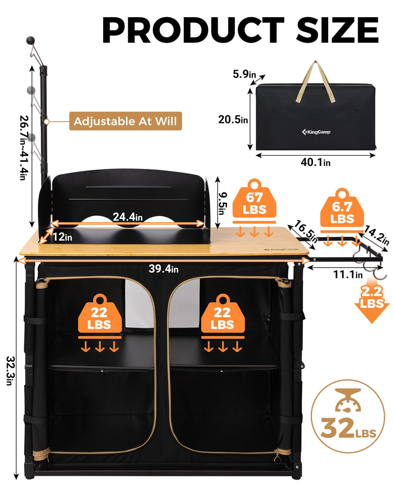 Load image into Gallery viewer, KingCamp Portable Camp Kitchen Table – Bamboo Top Grill Station with Windshield