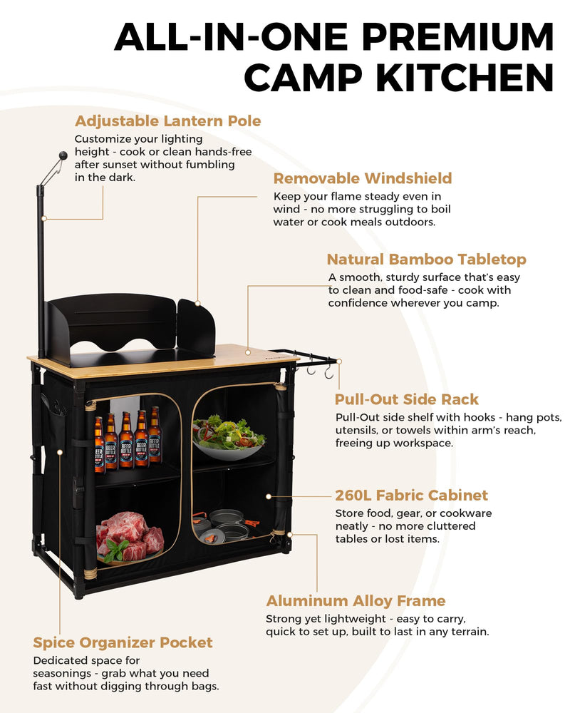 Load image into Gallery viewer, KingCamp Portable All in One Camp Kitchen Table – Bamboo Top Grill Station with Windshield