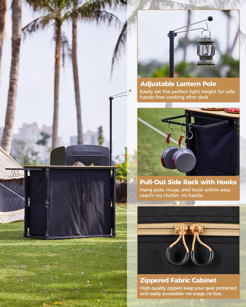 Load image into Gallery viewer, KingCamp Portable Camp Kitchen Table – Bamboo Top Grill Station with Windshield and Adjustable Lantern Pole