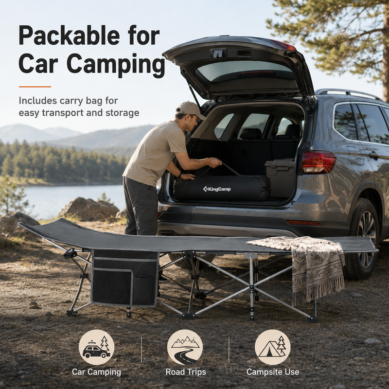 Laden Sie das Bild in Galerie -Viewer, KingCamp Ravon C10 Camping Cot | Quick-Folding 10-Leg Cot with Ergonomic Raised Head, 264lb Capacity, Padded Headrest & Side Pocket