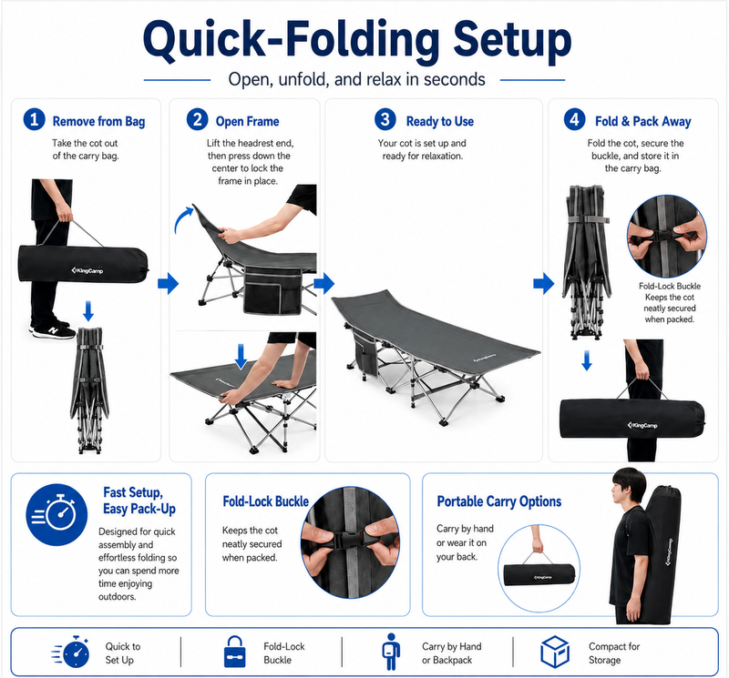 Laden Sie das Bild in Galerie -Viewer, KingCamp Ravon C10 Camping Cot | Quick-Folding 10-Leg Cot with Ergonomic Raised Head, 264lb Capacity, Padded Headrest & Side Pocket