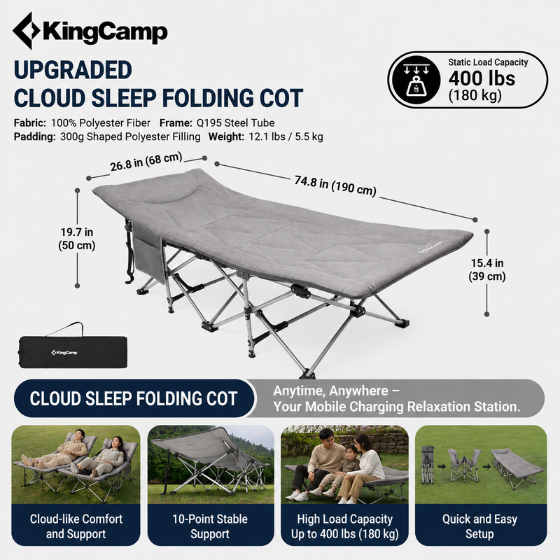Laden Sie das Bild in Galerie -Viewer, KingCamp Ravon C20 Folding Camping Cot | 10-Leg Stability Cot with Padded Quilted Bed, Ergonomic Raised Headrest, 400lb Capacity, Quick-Fold Design for Camping, Guest & Emergency Use