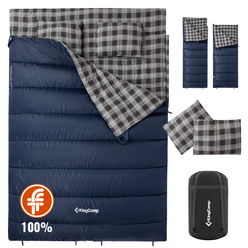 Load image into Gallery viewer, KingCamp SNOWFLAKE 300D+ Double Sleeping Bag | Queen-Size 2-Person Flannel Sleeping Bag, 3-in-1 Convertible to 2 Single Bags, 300g/m² Insulation for Camping & Home Use