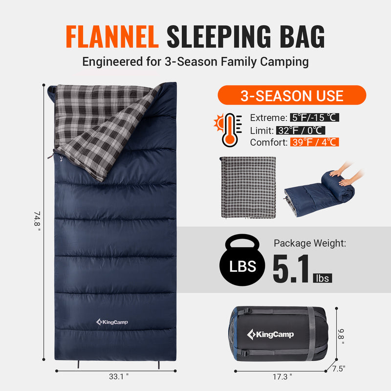 Load image into Gallery viewer, KingCamp SNOWFLAKE 400+ Single Sleeping Bag | 3-Season Flannel Sleeping Bag 2-IN-1 USE:Perfect for couples and families
