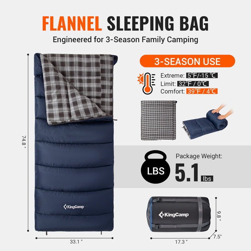 Load image into Gallery viewer, KingCamp SNOWFLAKE 400+ Single Sleeping Bag | 3-Season Flannel Sleeping Bag for Adults, Zip-Together Expandable Design for Camping & Backpacking