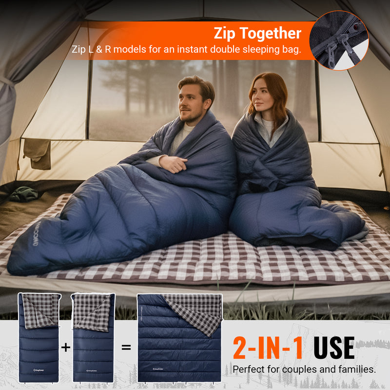 Load image into Gallery viewer, KingCamp Single Sleeping Bag | 3-Season Flannel Sleeping Bag for Adults Zip L & R models for an instant double sleeping bag