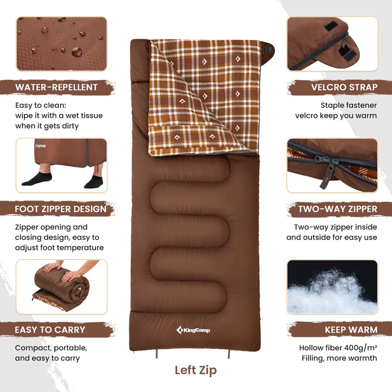 Load image into Gallery viewer, KingCamp SNOWFLAKE 400 Versatile All-Season Sleeping Bag – Wide, Convertible to Double, Flannel Lined for Camping, Hiking, and Outdoor Adventures