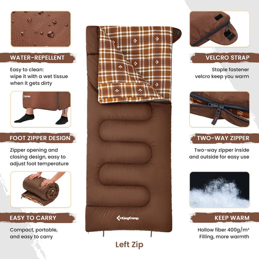 KingCamp SNOWFLAKE 400 Versatile All-Season Sleeping Bag – Wide, Convertible to Double, Flannel Lined for Camping, Hiking, and Outdoor Adventures