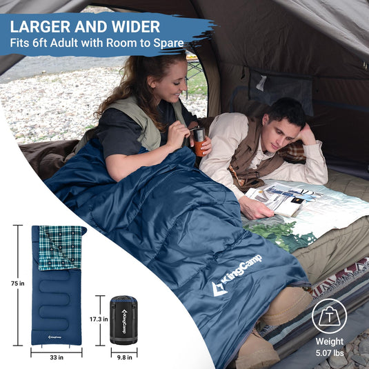 KingCamp SNOWFLAKE 400 Versatile All-Season Sleeping Bag – Wide, Convertible to Double, Flannel Lined for Camping, Hiking, and Outdoor Adventures