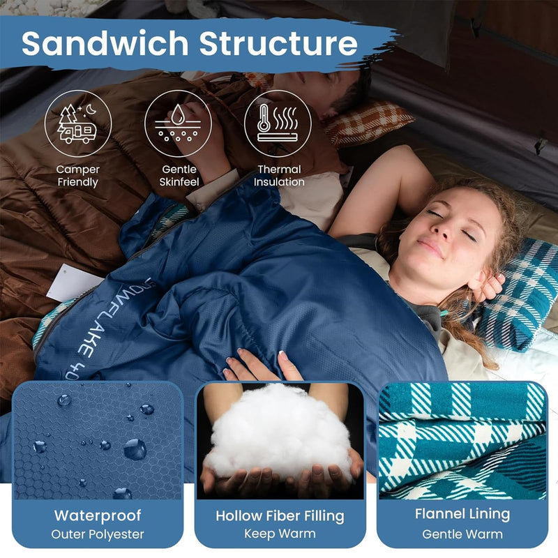 Load image into Gallery viewer, KingCamp SNOWFLAKE 400 Versatile All-Season Sleeping Bag – Wide, Convertible to Double, Flannel Lined for Camping, Hiking, and Outdoor Adventures
