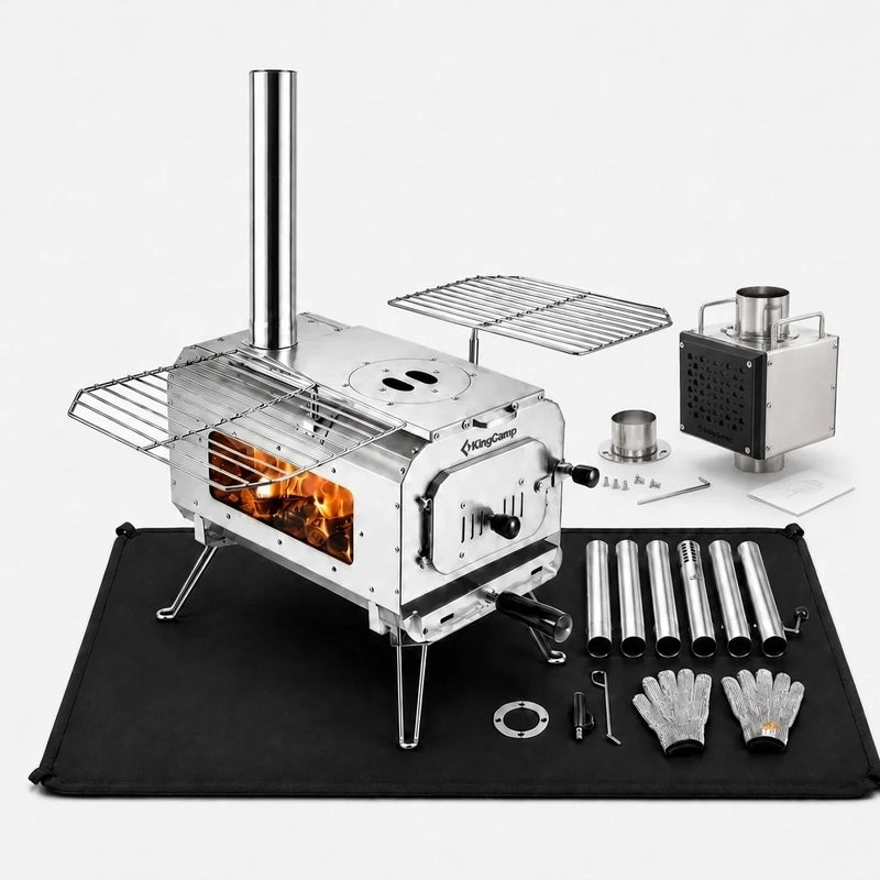 Load image into Gallery viewer, KingCamp SUREFIRE L2 Hot Tent Stove Bundle, Stainless Steel Wood Burning Stove with Spark Arrestor, Fire Mat & Chimney System for Winter Camping