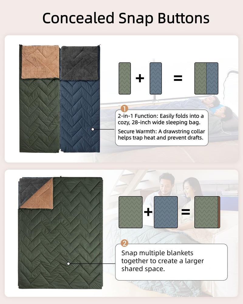 Load image into Gallery viewer, KingCamp Sherpa Sleeping Bag Blanket 2-in-1 for Camping, Car & Home Lightweight & Packable with Concealed Snap Buttons