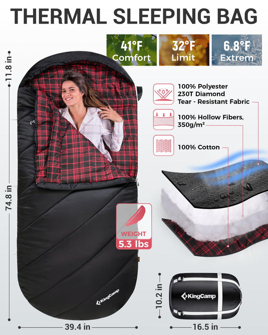 KingCamp Sleeping Bag for Adults, Cold Weather & Warm Extra Wide Big & Tall XL Portable Waterproof Flannel Sleeping Bags
