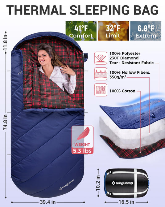 KingCamp Sleeping Bag for Adults, Cold Weather & Warm Extra Wide Big & Tall XL Portable Waterproof Flannel Sleeping Bags