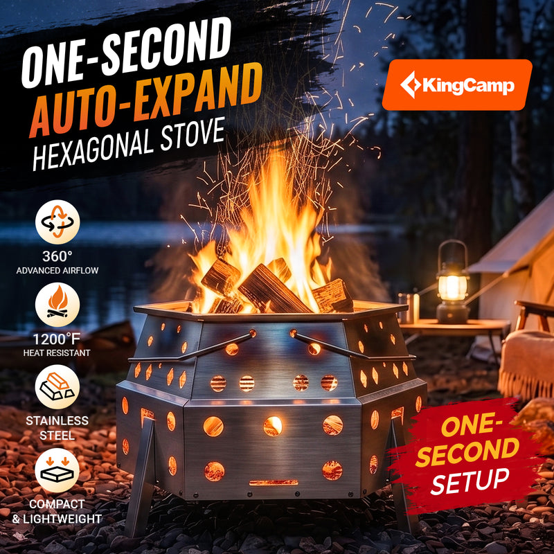 Load image into Gallery viewer, KingCamp Smokeless Fire Pit, 1-Second Setup Collapsible Wood Burning Fire Pit ONE-SECOND AUTO-EXPAND HEXAGONAL STOVE