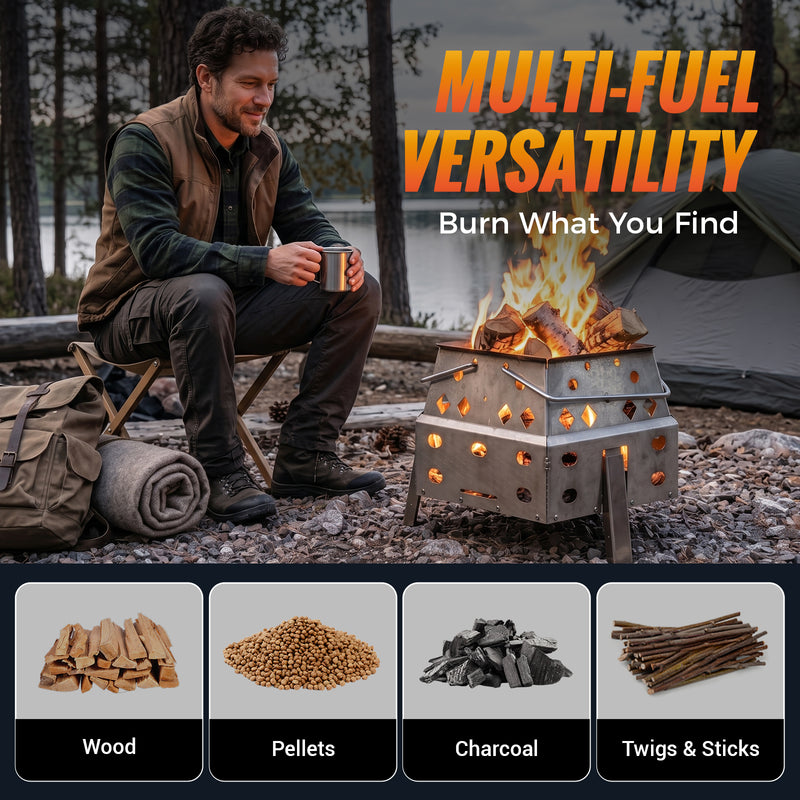 Load image into Gallery viewer, KingCamp Smokeless Fire Pit, 1-Second Setup Collapsible Wood Burning Fire Pit with 304 Stainless Steel Grill Rack, Burn What You Find: Wood, Pellets, Charcoal, Twigs & Sticks