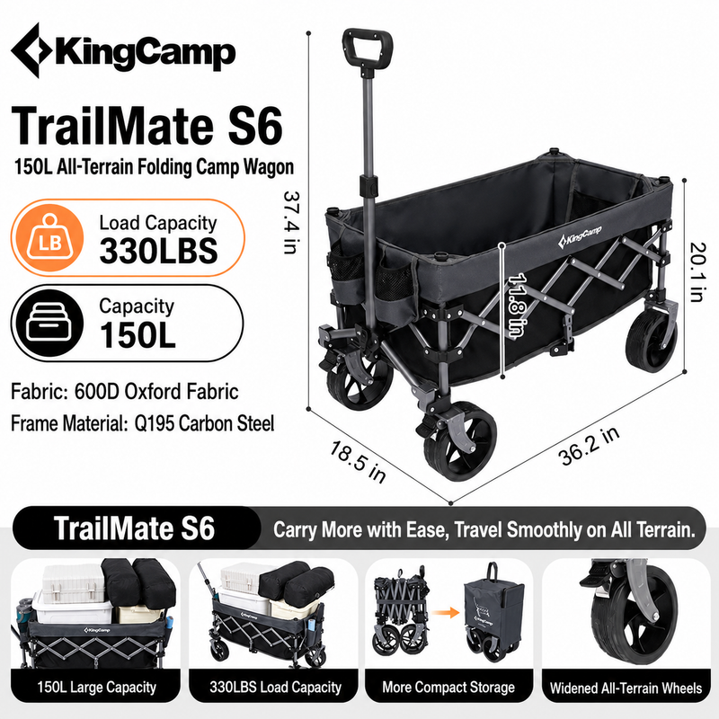 Load image into Gallery viewer, KingCamp TrailMate S6 Compact Folding Wagon | 150L Lightweight Utility Cart with 6" All-Terrain Wheels, 330lb Capacity for Camping, Beach, Garden & Shopping
