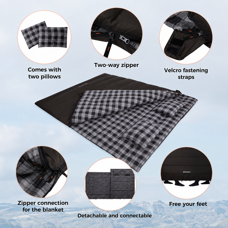 Load image into Gallery viewer, KingCamp Trippy C 450D 3-in-1 Double Sleeping Bag, 32°F Comfort Flannel-Lined 2-Person Camping Bag with Blanket & 2 Pillows