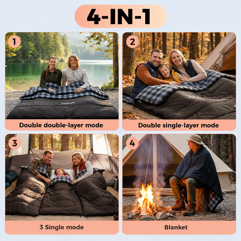 Load image into Gallery viewer, KingCamp Trippy C 450D 3-in-1 Double Sleeping Bag, 32°F Comfort Flannel-Lined 2-Person Camping Bag with Blanket & 2 Pillows