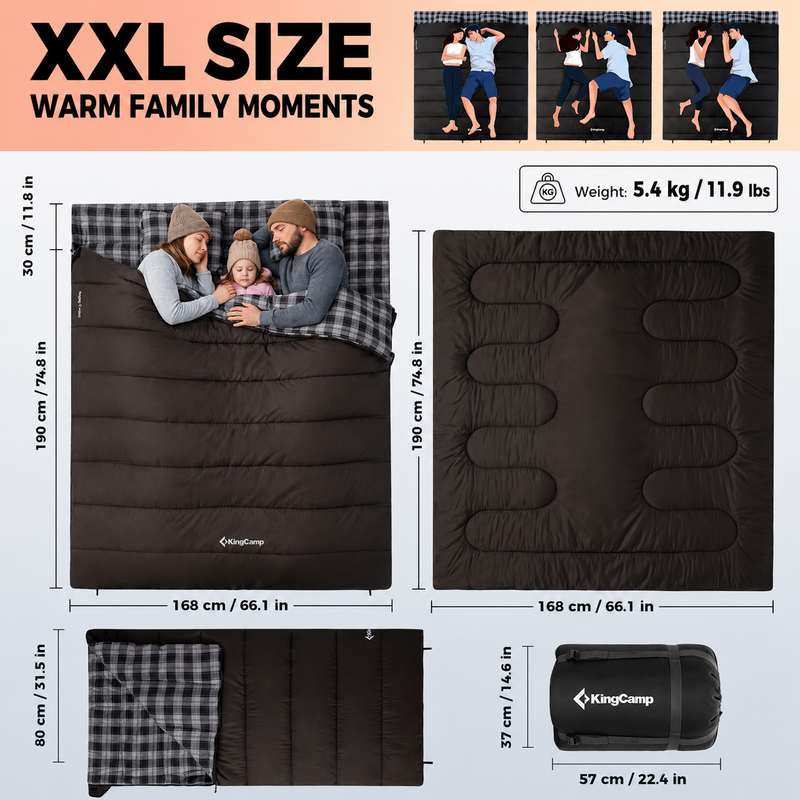 Load image into Gallery viewer, KingCamp Trippy C 450D 3-in-1 Double Sleeping Bag, 32°F Comfort Flannel-Lined 2-Person Camping Bag with Blanket & 2 Pillows