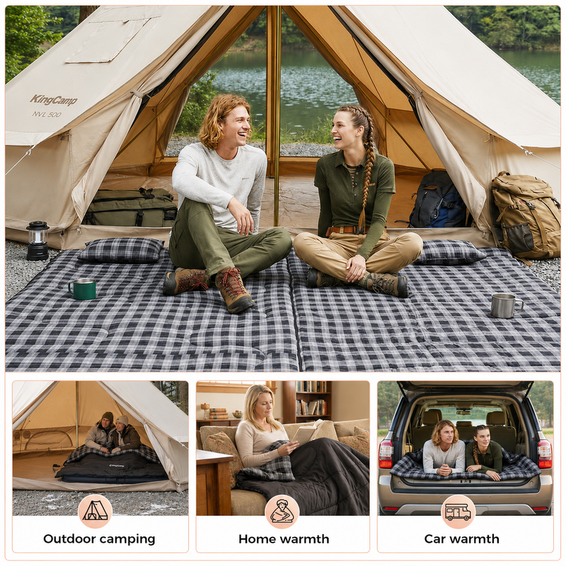 Load image into Gallery viewer, KingCamp Trippy C 450D 3-in-1 Double Sleeping Bag, 32°F Comfort Flannel-Lined 2-Person Camping Bag with Blanket & 2 Pillows