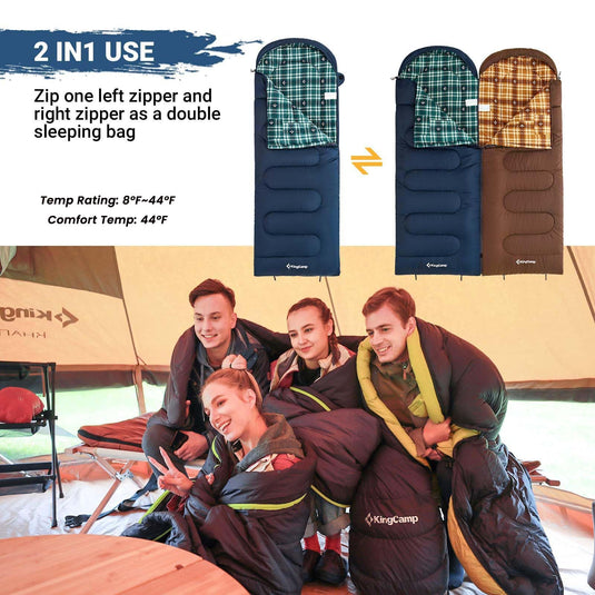 KingCamp Versatile All-Season Sleeping Bag for Adults – 300g Insulated, Waterproof & Extra Wide, Converts to Double with Zipper Link System for Camping, Hiking, Backpacking