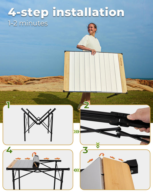 KingCamp BamAura Folding Roll-Top Aluminum Table with Bamboo Extensions