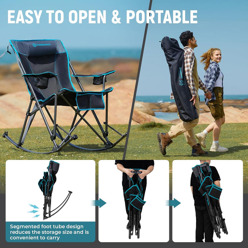 Load image into Gallery viewer, FUNDANGO Portable Rocking Camp Chair with Pillow, Cup Holder Easy to Open and Portable