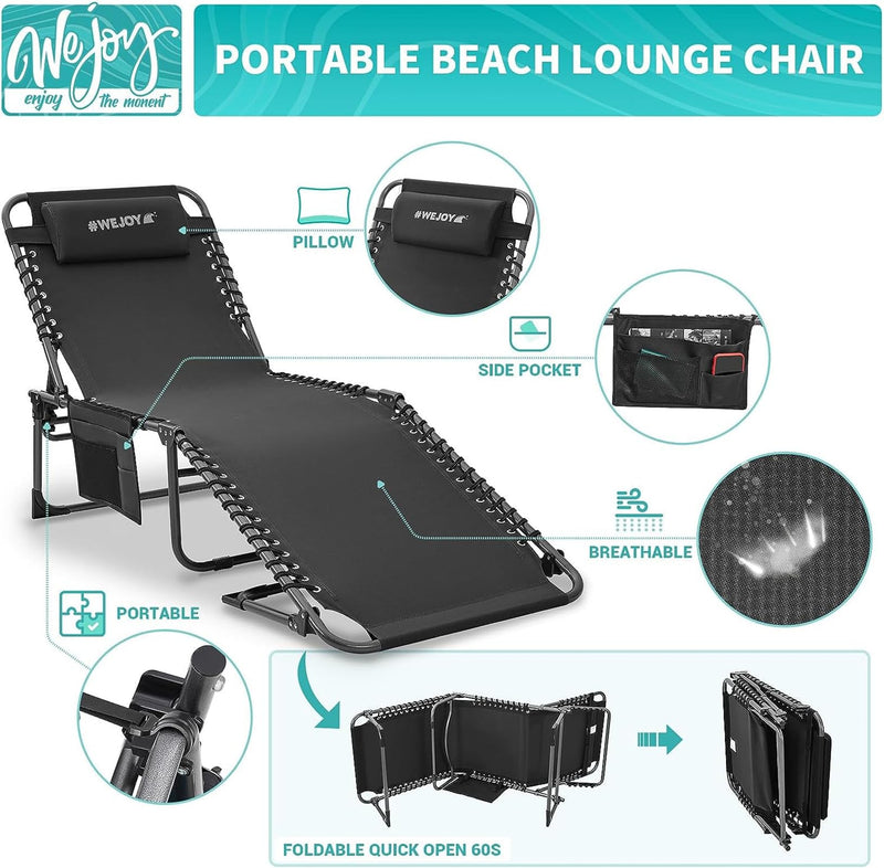 Load image into Gallery viewer, WEJOY 3-Folding Beach Lounge Chair Set of 2 Black Chaise Longues