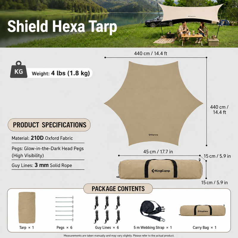 Load image into Gallery viewer, KingCamp Shield Hexa Tarp | 14.4ft x 14.4ft Blackout Sun Shelter with Hexagon Design, 210D Oxford Full Light-Blocking Canopy, PU3000mm Waterproof