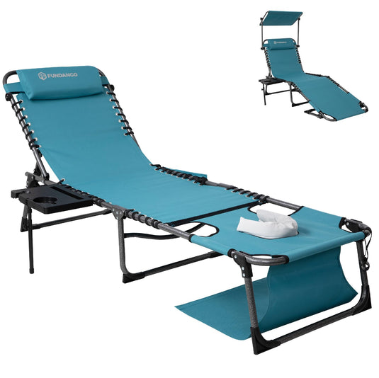FUNDANGO 5 Position Adjustable Recline Tanning Lounge Chair with Detachable Side Table Cyan