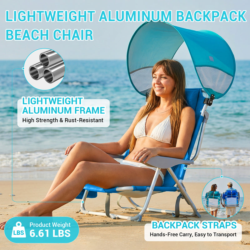 Load image into Gallery viewer, WEJOY 4-Position Beach Chair with Adjustable Canopy Shade Blue High Back and Wide Beach Chairs