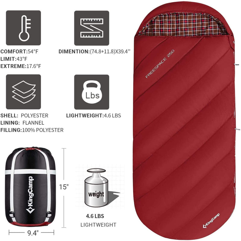 Load image into Gallery viewer, KingCamp FREESPACE 250 3-Season Plus Size Flannel Sleeping Bag Red