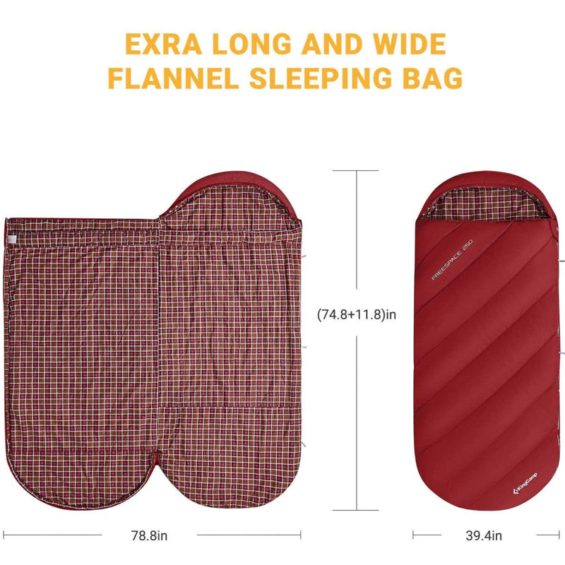 Load image into Gallery viewer, KingCamp FREESPACE 250 3-Season Plus Size Flannel Sleeping Bag Red