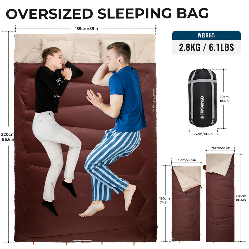 Load image into Gallery viewer, FUNDANGO COMFORT 200D Double Sleeping Bag with Hood