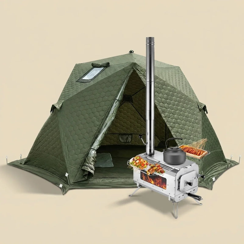Load image into Gallery viewer, KingCamp SnowHouse X2 Hot Tent & Stove Bundle, 2-3 Person Insulated 4-Season Winter Camping Tent with Stove Jack & Stainless Steel Wood Burning Stove